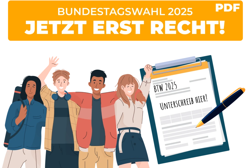 Ein Text im Oberen Bereich in dem Steht jetzt erst recht! Darunter sind 4 glücklich aussende Menschen und neben dran ein Klemmbrett  mit der Aufschrift BTW 2025 unterschreibe hier.